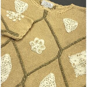 VTG Casual Corner Women's Sz Large Pearl Beaded Crochet Gold Sweater 1990's Y2K